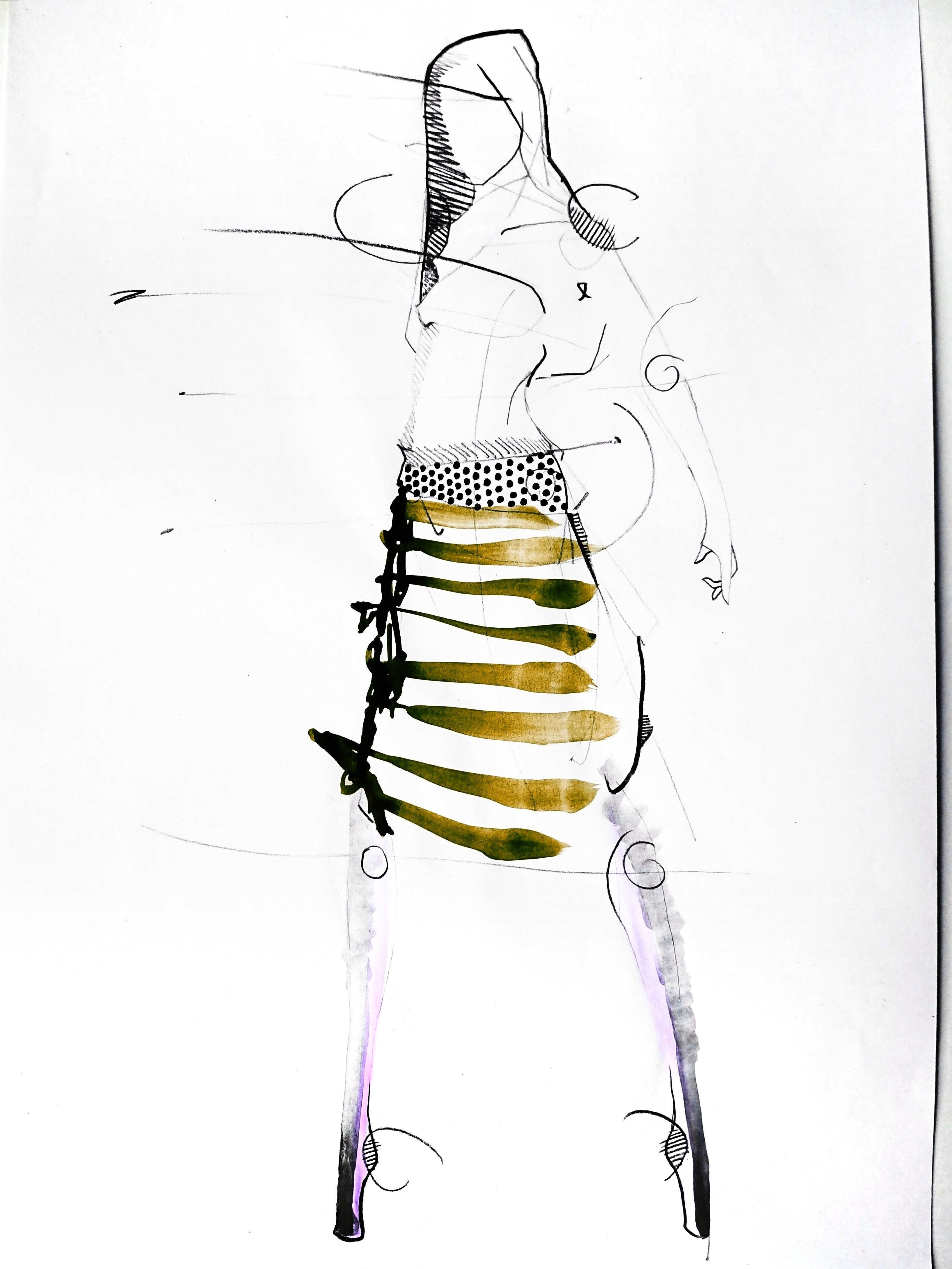 Konzeptionelle Modezeichnung einer Modefigurine im Rock und Strumpfhose im Format A4 aus der Bewerbungsmappe Modedesign.